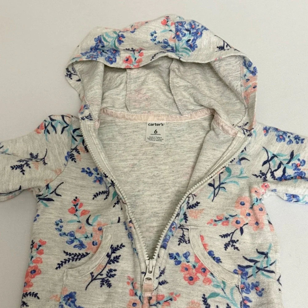 Carters Baby Girls Floral Zip Up Hoodie Gray Pink Blue 6 Months Light‎ Weight